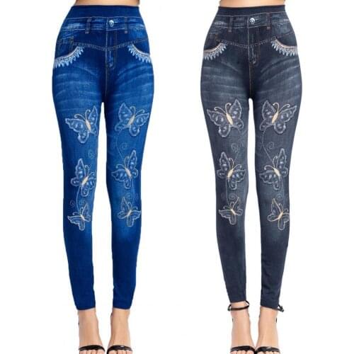 Women Leggings Fake Jeans beautiful Butterfly Print Stretchy Women Ankle Length Butt Lift Trousers Streetwear 2021