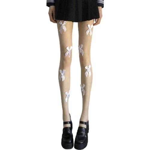 Women Sexy See-Through Silky Pantyhose Japanese Lolita Sweet Satin Bowknot Pearl Beaded Tights Kawaii Mesh Stockings