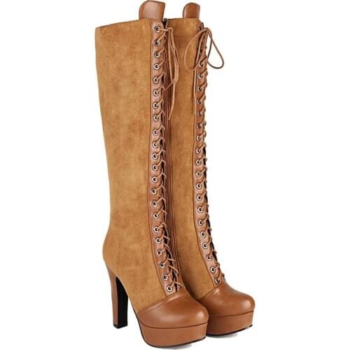 Round Head Cross Straps Waterproof Platform Platform Knee Boots Womens Ultra-High Thick Heel All-Match Fashion Boots