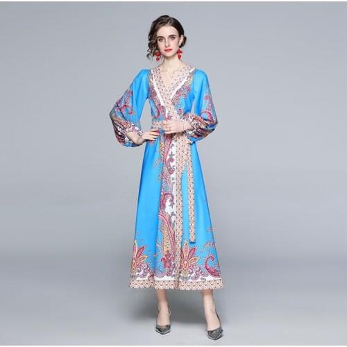 Print Long Sleeve Womens Summer Dress V-neck Slim Retro Long Dress Ankle-Length Puff Sleeve Chiffon Maxi Dresses for Women 2021