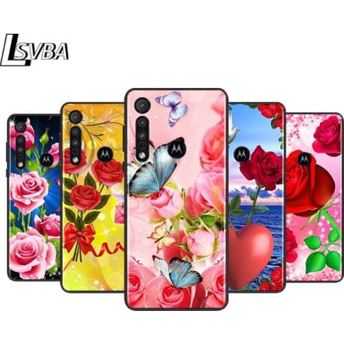 Red Flower Butterfly for Motorola G9 G8 G E7 E6 One Play Marco Hyper Fusion Stylus Power Edge Plus Black Phone Case