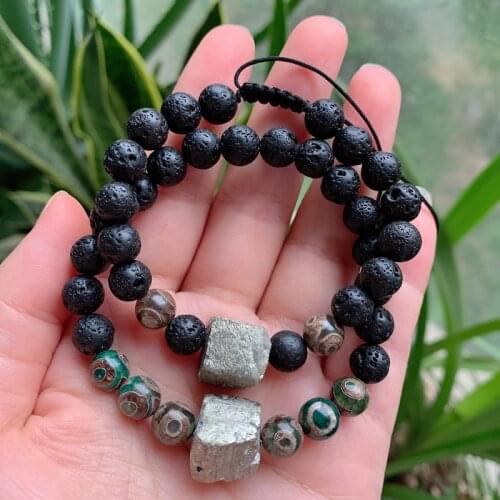 Energy Natural Tibetan Dzi Agates Bracelet Healing Stone Three Eye Agat Golden Pyrite Charm Black Lava Bracelets for Women Male