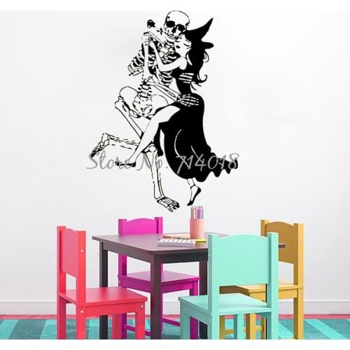 Halloween Wall Decals Woman Witch With Skeleton Vinyl Sticker Happy Halloween Dance Party Poster Playroom Wall Decor Mural A981