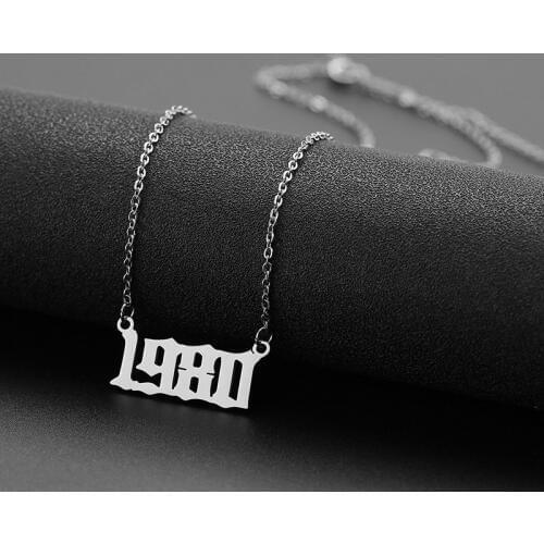 Stainless Steel Old English Year Number Pendant Necklace Custom Jewelry Special Date Year 1980-2019 Birthday Anniversary Gift