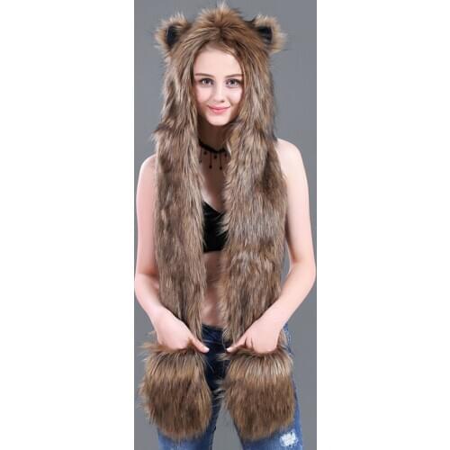 Brown 3 in 1 Cartoon Full Animal Faux Fur Hood Winter Warm Women Siamese Hoodie Gloves Pocket Earflap Hat Long Scarf Shawl Wraps