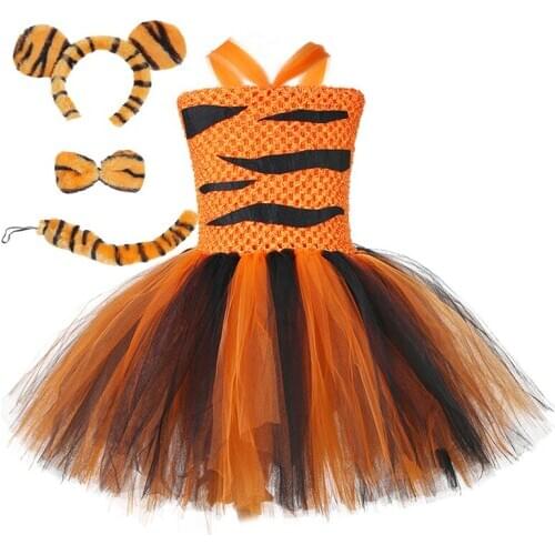 Halloween Tiger Role Play Costume Kids Girls Birthday Animal Theme Party Tutu Dress Children School Perform Clothes Outfit Set