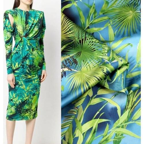 145cm Width Green jungle Leaves Printed Imitate Silk Satin Fabric For Woman Girl Summer Long Dress Blouse Pants DIY Sewing