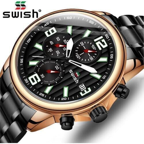 Black Stainless Steel Men Wristwatches Stere-Dial Chronograph Sports Watches for Men Waterproof Date Military Clock Male 2020