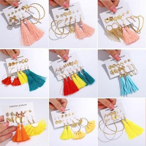 35 Styles Women Long Tassel Earrings Sets Gold Color Circle Heart Star Moon Shell Crown Simulated Pearl Earrings Crystal Brincos