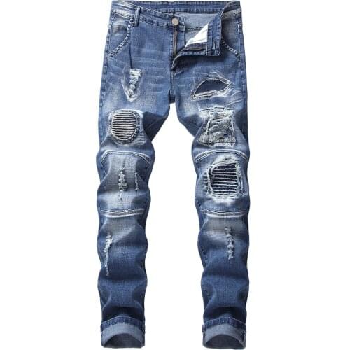 QNPQYX New Streetwear Hole Jeans Mens Ripped Print Street HIP HOP Punk Stretch Bike Jeans Trendy Holes Straight Denim Trouers