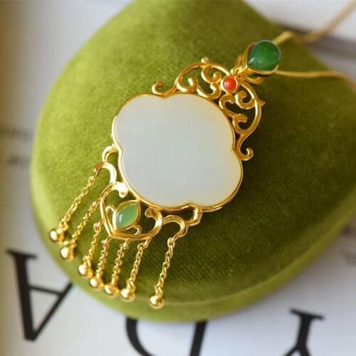 New silver inlaid natural Hetian jade antique Pendant Necklace Chinese style retro gilded tassel light luxury charm lady jewelry