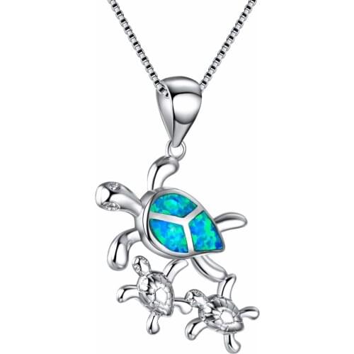 Blue Fire Opal Silver Necklaces Animal Jewelry Fashion 925 Sterling Silver 3Pieces Running Turtles Charm Pendant Necklaces