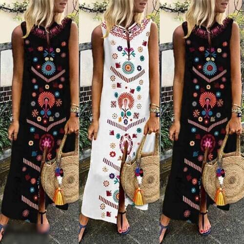 Women Dress Boho Floral Print Sleeveless Summer Party Long Maxi Elegant Lady Holdiay Beach Sundress Split Female Clothing