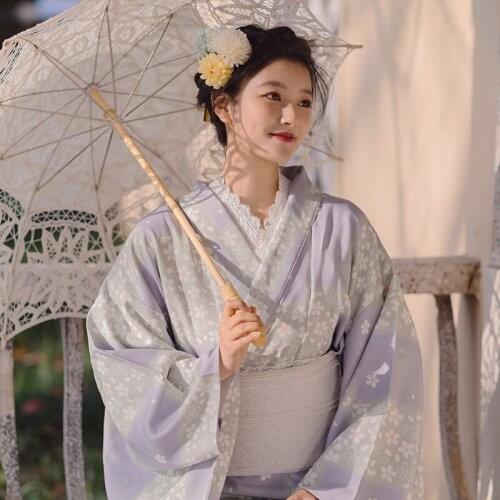 Japanese Retro Waist Kimono 2021 New Elegant Goddess Loose Yukata Light Purple Cherry Blossom Print Slim Dress