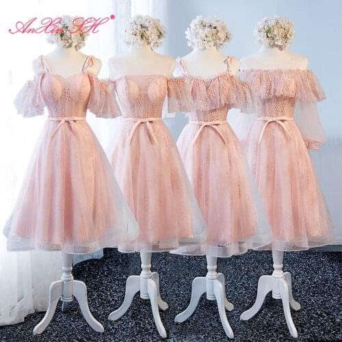 AXJFU princess pink lace Bridesmaid Dress party dress fashion boat neck beading pearls ruffles pink bow a line Bridesmaid Dress