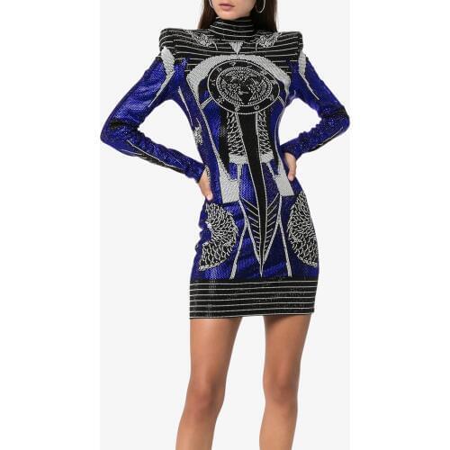 High Quality Long Sleeve Blue Jacquard Sexy Rayon Bandage Dress Cocktail Party Winter Dress