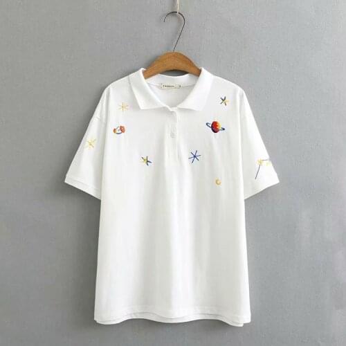 Plus size cotton Embroidery turn-down collar short sleeve tshirt 2021 summer casual black white gray ladies t shirts female top