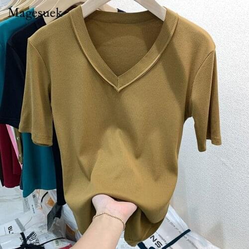 2021 Summer New Solid V-neck Cotton Short Sleeve T-shirt Threaded T-shirts for Women Casual Simple Knitted Tops Blusas 15913