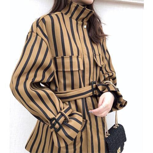 Wool Coats Women Winter Red Fur Pockets Straight Womens Coats Oversize Turn Down Collar Thick Striped Wool Coats