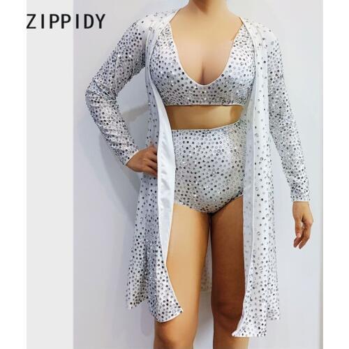 Silver White Rhinestones Bra Short Jacket Outfit Set DS Bar Dance Show Wear Women Singer Stage Prom Outfit Set