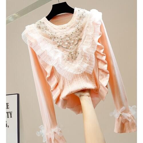 Harajuku White Pink Sweater Womens Beaded Diamond Pleated Fungus Lace Stitching Sweet Flower Horn Sleeve Pull Sweater Jumper