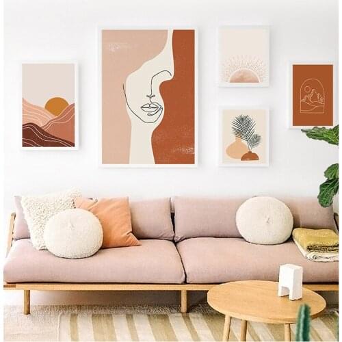 Painting Sun Woman Face Line Art Pictures Decor Boho Abstract Landscape Nordic Posters and Prints Beige Gallery Wall Art Canvas