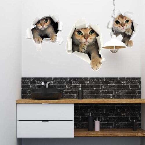 3D broken wall cute kitten wall sticker Bathroom toilet refrigerator door kids room home decoration decals mual cat stickers