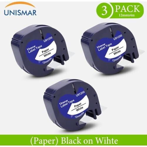 3PK 91200 91220 91330 Compatible for Dymo LetraTag Black on White 12mm x 4m Paper Label Tapes for Label Maker LT-100H, LT-100T