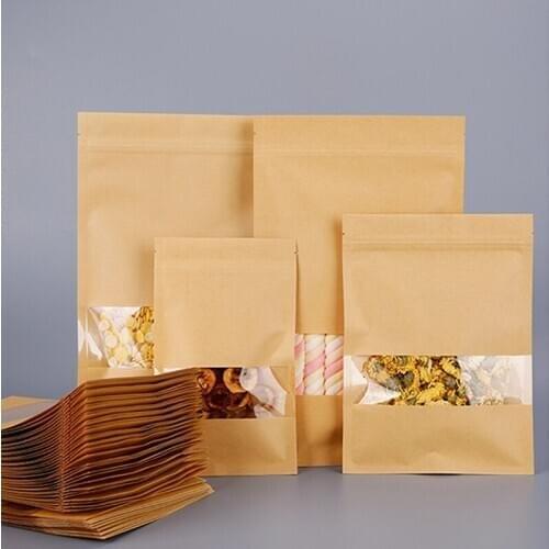 50pcs/lot Kraft Paper Bags Zip Lock With Window Resealable Grip Ziplock Pouches Tea Coffee Bean Packaging Food Customizable logo