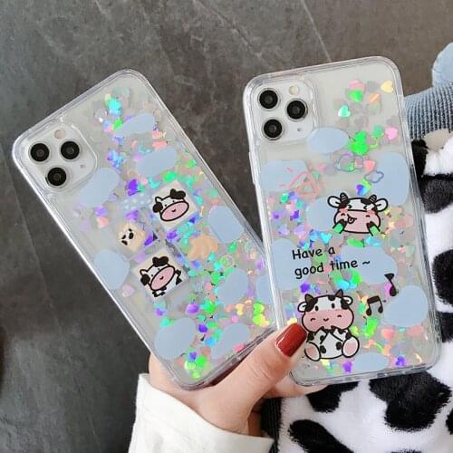 For iPhone 12 11 X Xr Xs Max Cute Milk Cow Sequined Liquid Dynamic Quicksand Shell Phone Case For iPhone 6 6s 7 8 Plus Coques