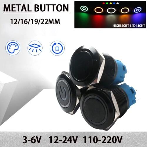 Black Push Button Switch 12/16/19/22mm Waterproof illuminated Led Light Metal Flat Momentary Switches with power mark 5V 12V 24V