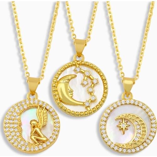 FLOLA CZ Cubic Zirconia Star And Moon Pendant Necklace Round Shell Fairy Wings Angel Necklace Gold Plated Jewelry Gifts nket70