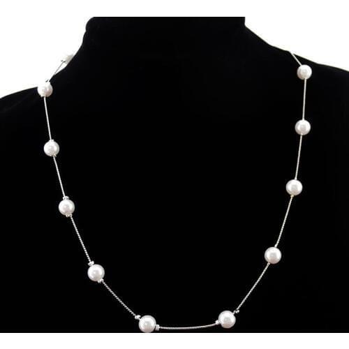 Sleek White Simulated Pearl Silver Plated Chain Luxury Fashion Girls Strand Necklace for Women Jewelry