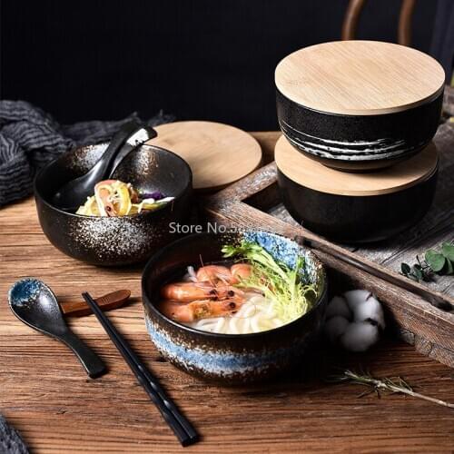 Japanese-style Ceramic Bowl with Lid Single Creative Household Instant Noodle Bowl Creative Personality Color Glaze Tableware