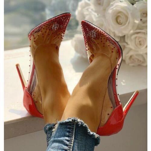 Red Clear PVC Rivets Women Pumps Stiletto Heels Crystal Embellished Wedding Shoes Bride Pointed Toe Shallow Transparent Shoes