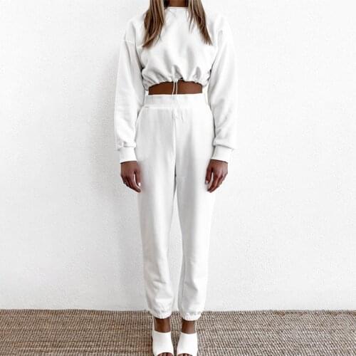 Summer Womens Sports Street Trousers 2 Pieces Long Sleeve Drawstring Crop Top High Waist Sweatpants Suit Female Sportwear Sets