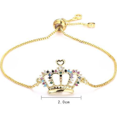 Fashion womens rainbow crown bracelets jewelry gold cz colorful zircon bracelet bangle adjustable chain bracelet for women