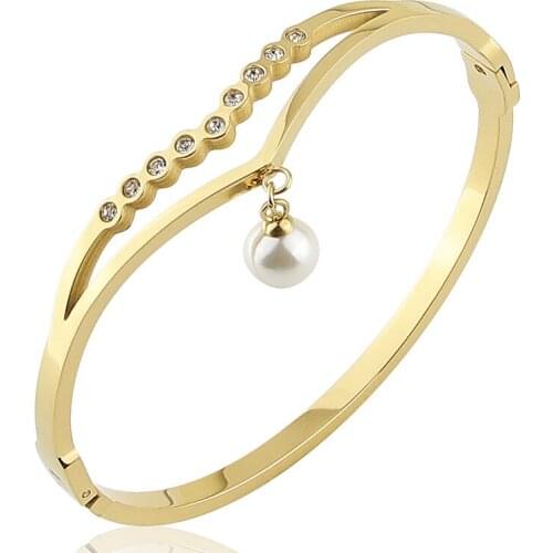 New Stainless Steel Jewelry Crystal Bracelets Pearl Pendant Bangle For Womens Love Gifts Wholesale