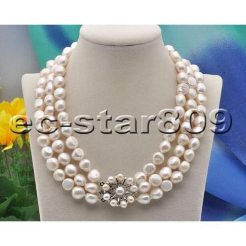 P6889 3row 18" 14mm White Baroque Freshwater Pearl Necklace Woman Fashion Jewelry
