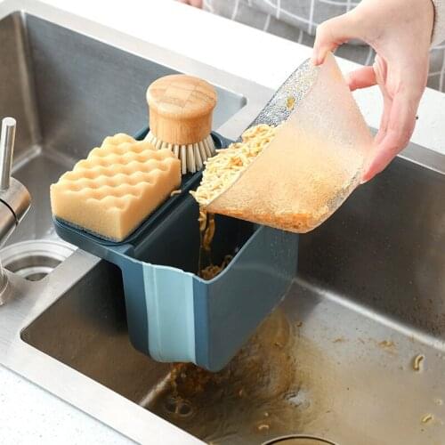 Suction Cup Kitchen Sink Strainer Drain Rack Foldable Soap Sponge Holder Vegetable Leftovers Drainer Basket Hanging Trash Can