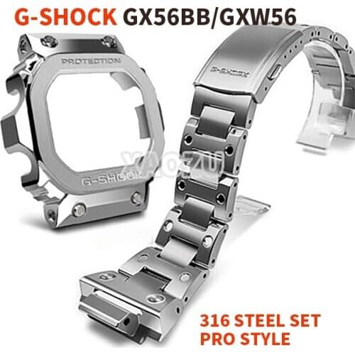 XAOZU Watchbands and Bezel For GX56BB GXW-56 Metal Strap Pro Style Case Frame With Tools 316 Stainless Steel Black Silvery Gold