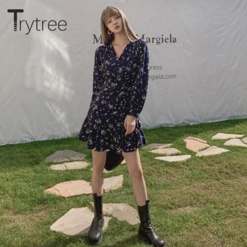 Trytree 2021 Spring Summer Womens Dress Casual V-neck Puff Sleeve Floral Drawstring Waist Ruffled Hem Silky A-line Mini Dress