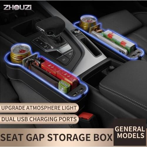 Universal Car Seat Crevice Storage Box Blue-Ray Light USB Charging Port PU Leather Car Seat Organizer Card Phone Holder Pocket
