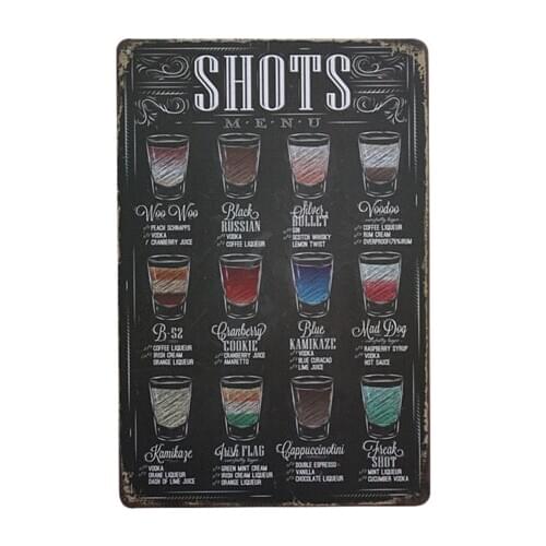 Shots Beer Cocktail Menu Vintage Metal Tin Sign Poster Pub Bar Wall Decor 20x30CM
