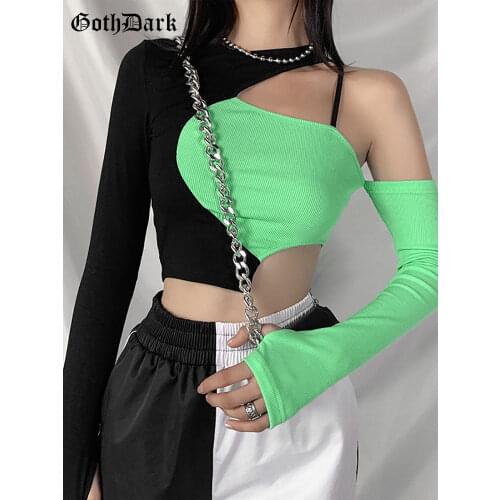 Goth Dark Punk Patchwork E-girl Style T-shirts Gothic Color Blocking Hip Hop Hollow Out Backless Top Long Sleeve Streetwear 2021