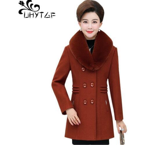 UHYTGF Womens winter jacket fashion fur collar quality wool coat female double-breasted slim 5XL plus size tops outerwear 1052