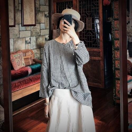 Women Loose Plaid Cotton Linen Shirts Tops Ladies Vintage Plaid Blouse Female 2020 Summer Cotton Flax Shirt
