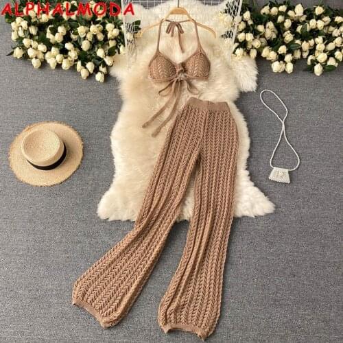 ALPHALMODA Sexy Seaside Holiday Suit Womens Summer Clothes Lace-up Bikini Strap Bra Top Hollow Out Knitted Pants Women 2pcs Set