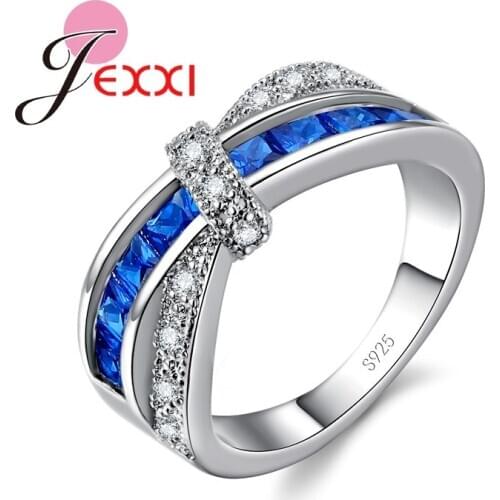 Top Quality Hot Crossed 925 Sterling Silver Finger Ring Inlaid Shining Blue Clear Crystal For Women Party Accessories