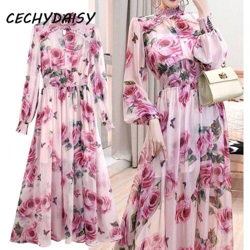 Rose Floral Maxi Dress Women Runway Luxury Pink Flower Print Lantern Sleeved Beading Diamond Vintage Party Chiffon Beach Dresses
